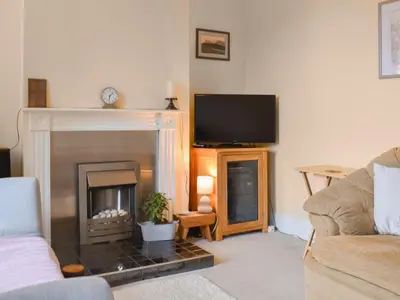 a living room with a fireplace and a tv at Ratcliffe Cottage in Ipswich