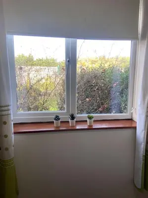 a window with three potted plants sitting on a window sill at One Bedroom Bungalow No1 - Secure Gated Parking in Basildon