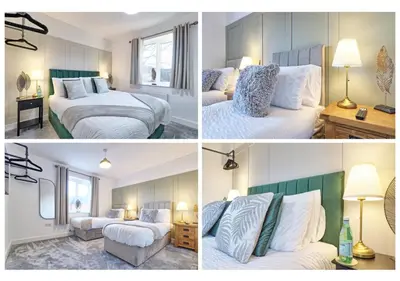 three pictures of a bedroom with two beds and a couch at Well-Located 4 Bed Property in Colchester, Suited for Families and Business Travelers in Colchester