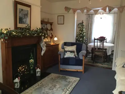 a living room with a fireplace and a christmas tree at Greenbank Cottage in Hilgay