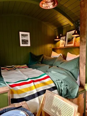 a bed in a room with a green wall at Secret Paddock Shepherds Hut in Hollesley