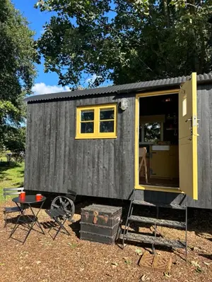 a gray tiny house with a yellow window and a table at Secret Paddock Shepherds Hut in Hollesley