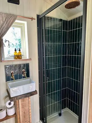 a bathroom with a sink and a shower at 'Bramley' Hut on private farm in Charsfield