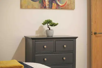 a dresser with a plant sitting on top of it at Foxglove House & Hot Tub Stansted Airport in London Stansted Airport