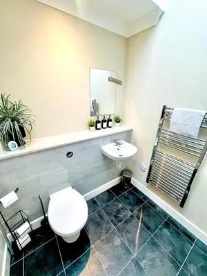 a bathroom with a toilet and a sink at Modern House Soham Town Centre in Soham