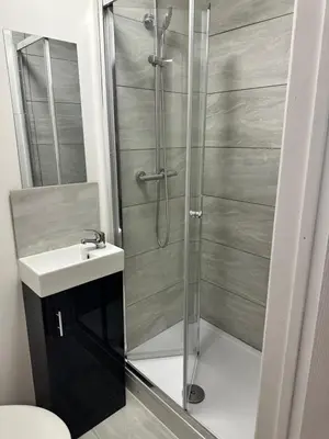 a bathroom with a shower and a sink at Basildon Everlight Villa in Basildon
