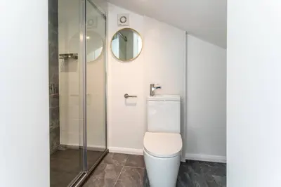 a bathroom with a toilet and a shower at Luxury self contained one bedroom - Sawbridgeworth in Sheering