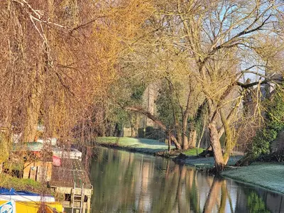 a river with trees and a boat in the water at The Nook in Great Cornard