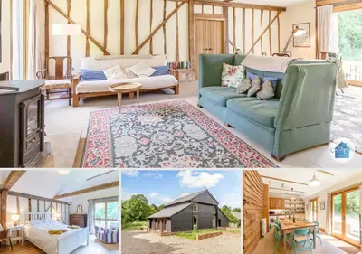 a collage of four pictures of a living room at Colemans Farm Barn- Unique, Rustic & Peaceful Barn - Essex countryside in Finchingfield