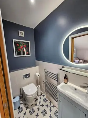 a bathroom with a toilet and a sink and a mirror at Bramley Suite - The Apple Barn in Pettistree