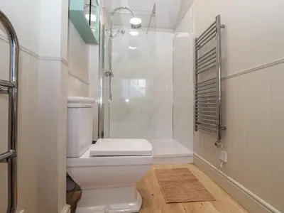 a bathroom with a white toilet and a shower at The Woodshed in Clacton-on-Sea