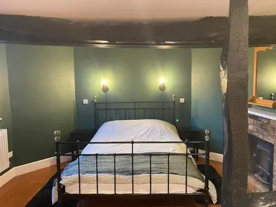 a bed in a room with green walls and a fireplace at The Old King Bill in Fenstanton