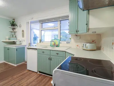a kitchen with green cabinets and a stove top oven at Crown Farm in Wisbech