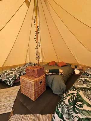 a tent with a bed and a basket in it at Readers Field Glamping in Great Sampford