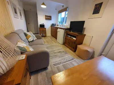 a living room with a couch and a tv at The Nest in Needingworth