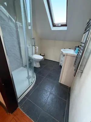 a bathroom with a shower and a toilet and a sink at The Lodge in Prickwillow