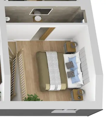 an overhead view of a room with a bed and pillows at Gala Suite - The Apple Barn in Pettistree