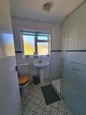 a bathroom with a toilet and a sink and a shower at Blossom House in Woodbridge