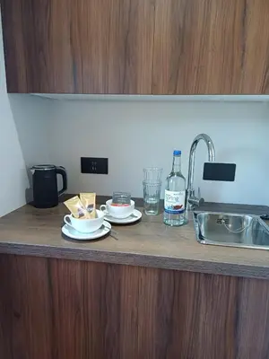 a kitchen counter with two plates and a sink at The Beehive Inn in Bury Saint Edmunds