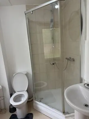 a bathroom with a shower and a toilet and a sink at Apartment close to London Stansted airport in Great Parndon