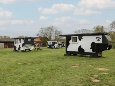 a couple of trailers in a grass field at Dozy Dotty Cow Shed 4 in Woodbridge