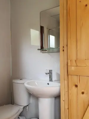 a bathroom with a sink and a toilet and a mirror at Delightful shepherd's hut in a rural location in North Fambridge