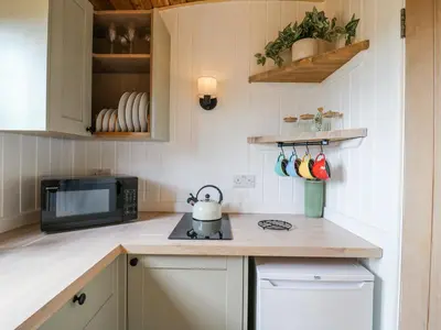 a kitchen with a stove and a microwave at Woodpecker in Cambridge