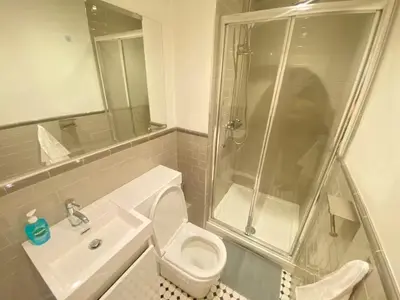 a bathroom with a shower and a toilet and a sink at Essex Studio Retreat Flat 4 in Chelmsford