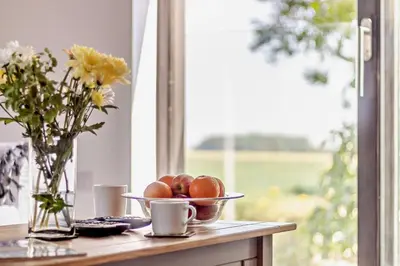 a table with a bowl of fruit and a vase of flowers at 2 Bed in Sudbourne oc-w32264 in Sudbourne