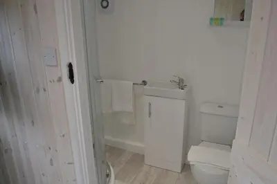 a white bathroom with a toilet and a sink at Shepherds Hut 5 in Woodbridge