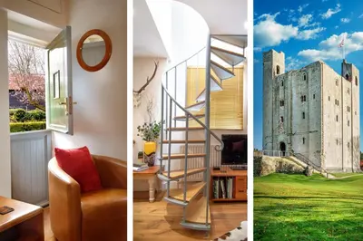 a staircase leading up to a castle and a room with a house at 28 Church Ponds, Castle Hedingham in Castle Hedingham
