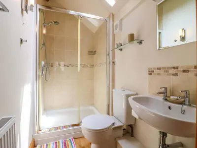 a bathroom with a shower and a toilet and a sink at The Kiln in Harleston