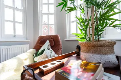 a living room with a coffee table and a plant at 2BR Apartments in Southend near City Centre in Southend-on-Sea