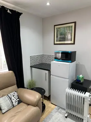 a living room with a couch and a microwave at A Comfortable and Cosy Self Contained Room in Navestock