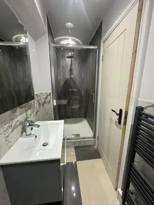 a bathroom with a white sink and a shower at A Comfortable and Cosy Self Contained Room in Navestock