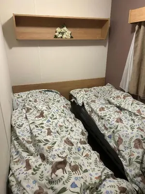 a bed with a cat on it in a bedroom at 2 bed caravan seawick hoilday Park in Clacton-on-Sea