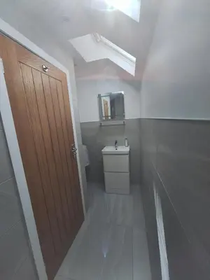a bathroom with a toilet and a sink and a skylight at New Annexe in Gosfied in Gosfield