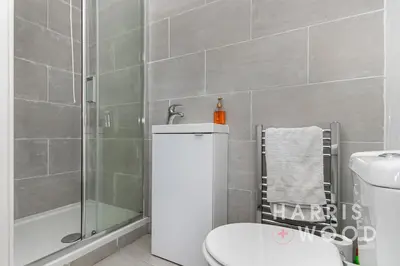 a bathroom with a shower and a toilet and a sink at Beaulieu in East Bergholt