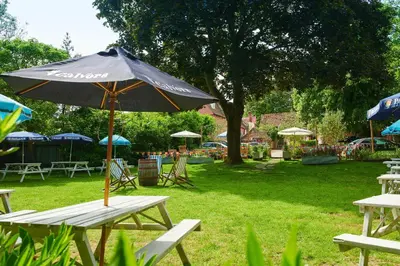 a picnic table with an umbrella on the grass at The Sun Inn in Dedham