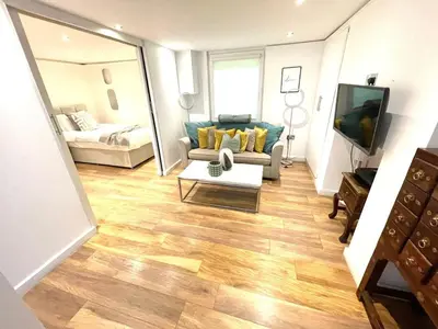 a living room with a couch and a tv at Historical Building - Cozy Basement Apartment- Central Location in Cambridge