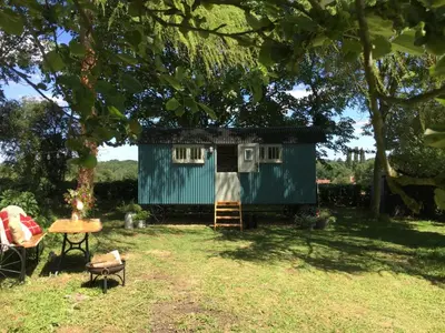 a tiny house in a yard with a table at The Scrumpy Shepherd, Brandeston in Blundeston