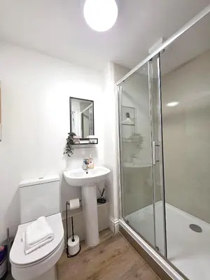 a bathroom with a toilet and a sink and a shower at Stunning One Bed Flat at Dawe Luxury Suites - An Entire Apartment near Ely Cathedral & Train Station - The Perfect Base to Explore Ely, Cambridge, Norfolk & London - 2 Guests Max in Ely