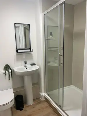 a bathroom with a shower and a sink and a toilet at Stunning One Bed Flat at Dawe Luxury Suites - An Entire Apartment near Ely Cathedral & Train Station - The Perfect Base to Explore Ely, Cambridge, Norfolk & London - 2 Guests Max in Ely
