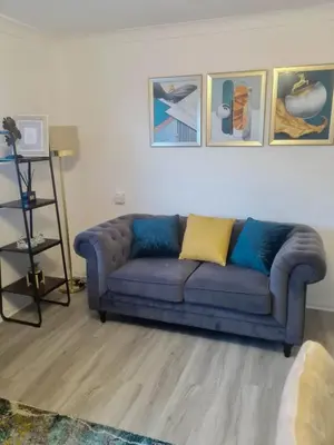 a blue couch in a living room with paintings on the wall at Chelmsford Getaway Business and Leisure