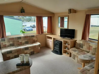 a living room with a couch and a fireplace at Comfortable and Spacious Mobile home - Sleeps 6, in Clacton-on-Sea
