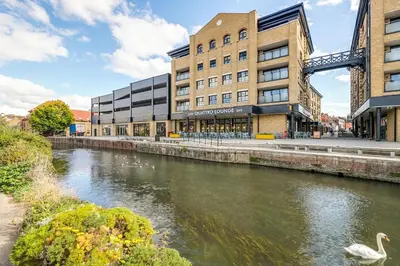 a river in front of a building with a swan in the water at Riverside Cottage Retreat Hertford Town Sleeps 6 in Hertford