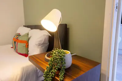 a table with a lamp and a plant on it at Luxury Five-Bedroom Home with Jacuzzi and Gym - Private One-Bedroom Garden Suite Available Separately in Basildon