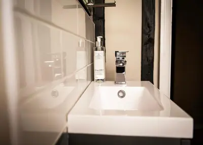 a bathroom sink with a bottle of alcohol on it at Old Customs House in Harwich