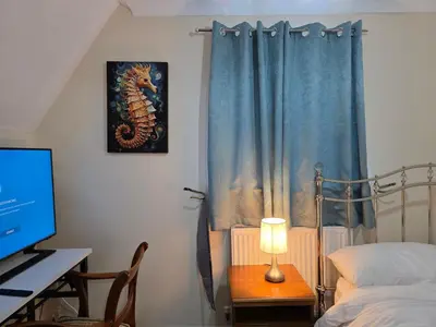 a bedroom with a bed and a desk with a computer at Charming Colchester Room with Garden Views in Colchester
