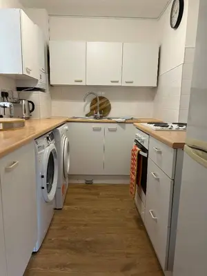 a kitchen with white cabinets and a washer and dryer at Stylish One Bedroom Apartment in Central Potton in Potton